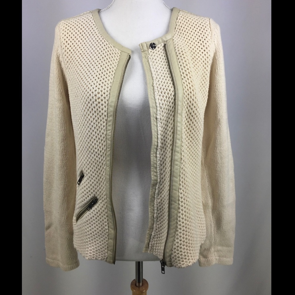 CAbi Size Small Zip Up Knit Jacket Leather Detail